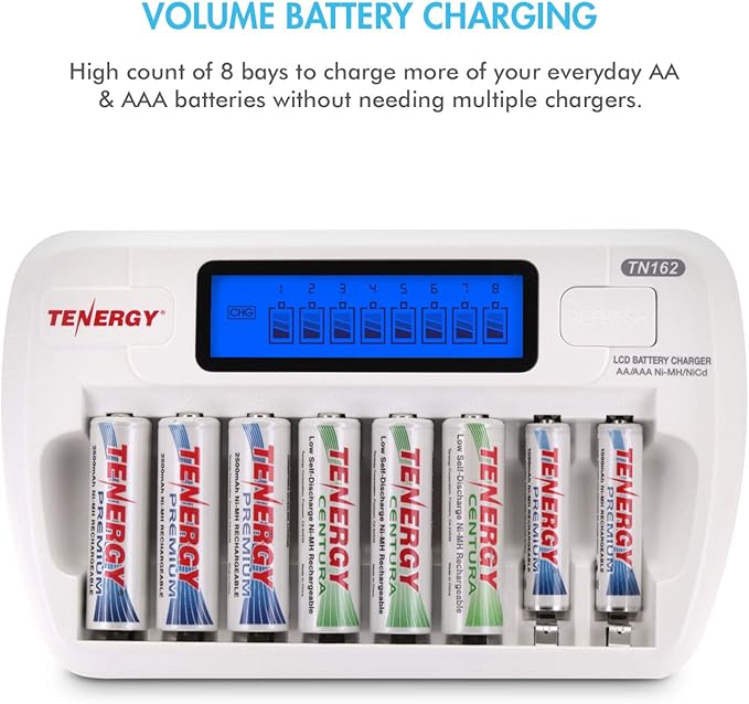 Tenergy Rechargeable Battery and Charger Combo TN162 (8 pcs)