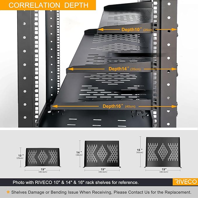 RIVECO 2PCS 1U Rack Shelves, 19” Cabinet Mount 1 U Tray Vented Cantilevers