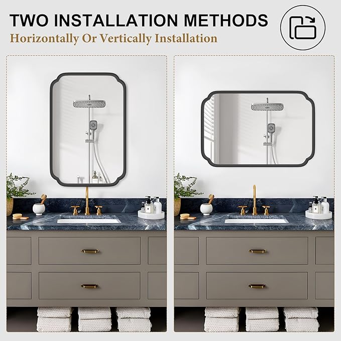 Black Bathroom Mirror for Over Sink 20" x 30" Modern Rounded Rectangle Bathroom