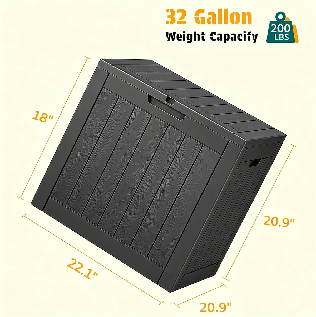 33 gal outdoor storage box waterproof lockable,deck box, front angle view