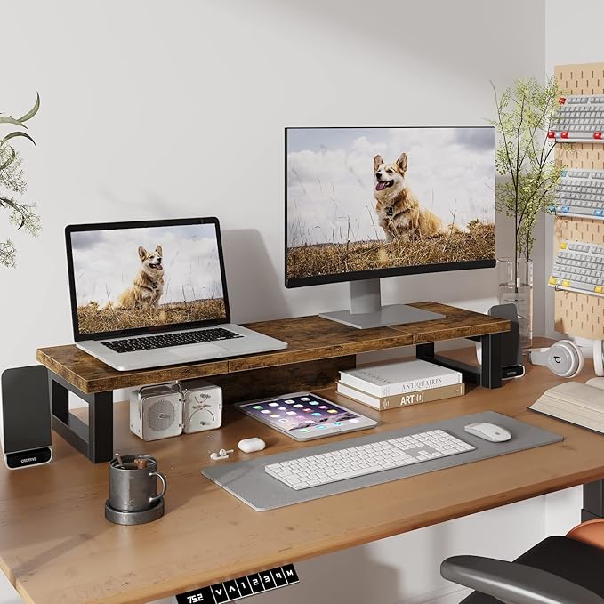 WESTREE Dual Monitor Stand Riser, Wood and Steel Monitor Stand Riser, Computer