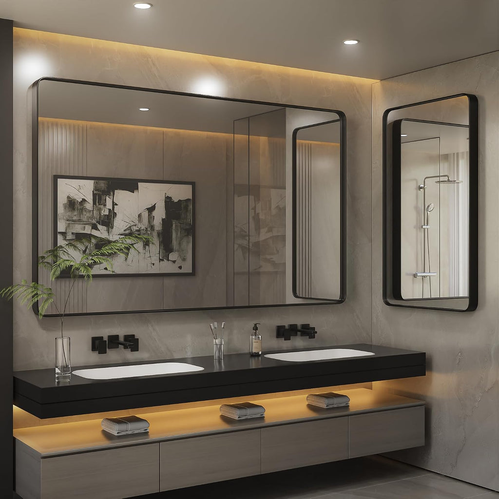 ISKM Wall Mounted Mirror 20x16, Black Framed Bathroom Mirror, Round Corner