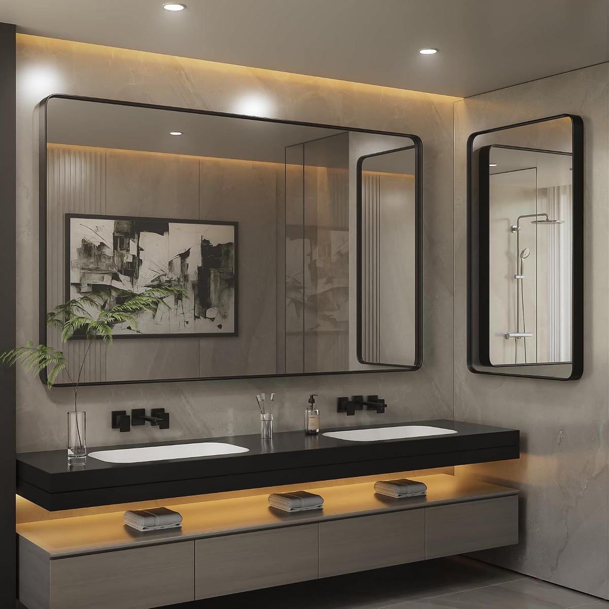 ISKM Wall Mounted Mirror 20x16, Black Framed Bathroom Mirror, Round Corner