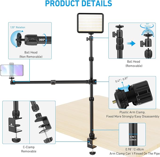 Ailight Overhead Camera Mount Desk Stand, 15.75"-33.45" Webcam Mount