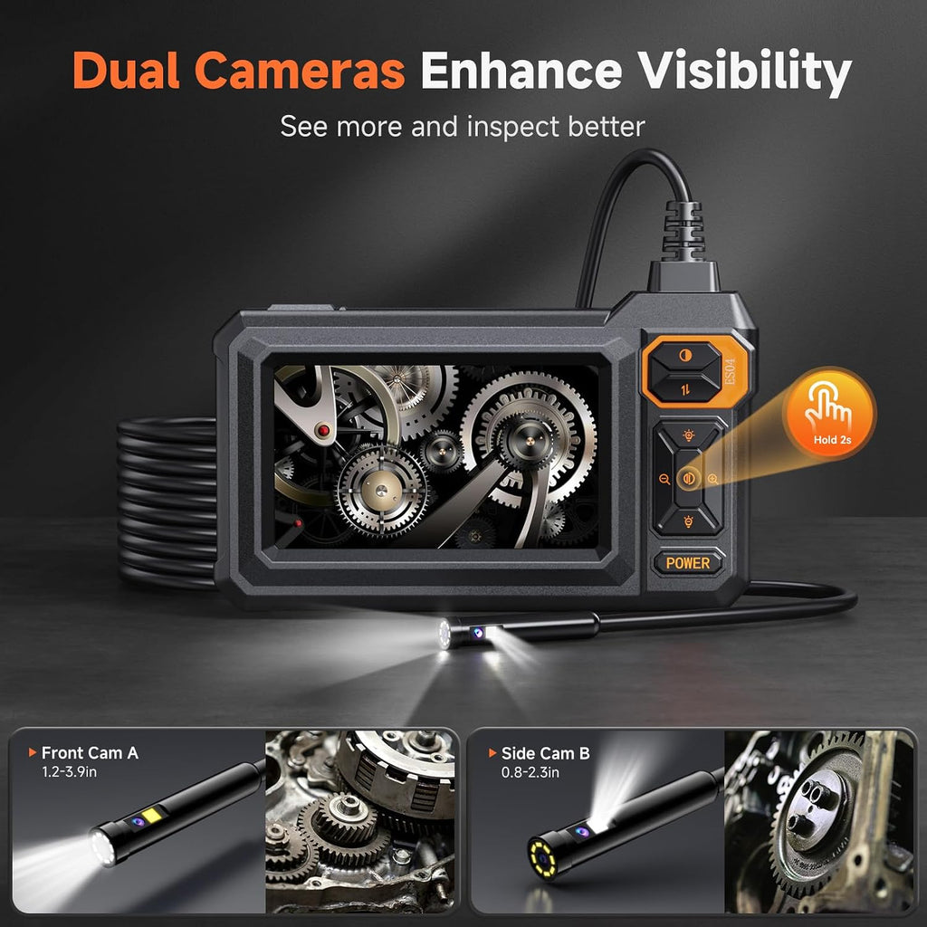 dual lens endoscope camera with light, 4.3" 1080p shown in use