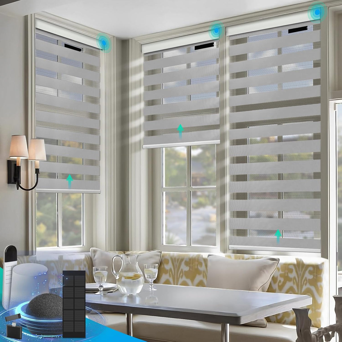 DENFOON Motorized Zebra Blinds, Solar Powered Dual Layer Automatic Shades