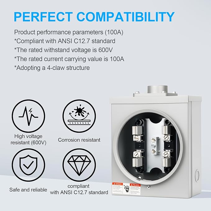 100 Amp Meter Socket, 4 Jaw Meter Base, 600V 3 Wire Ring Type,