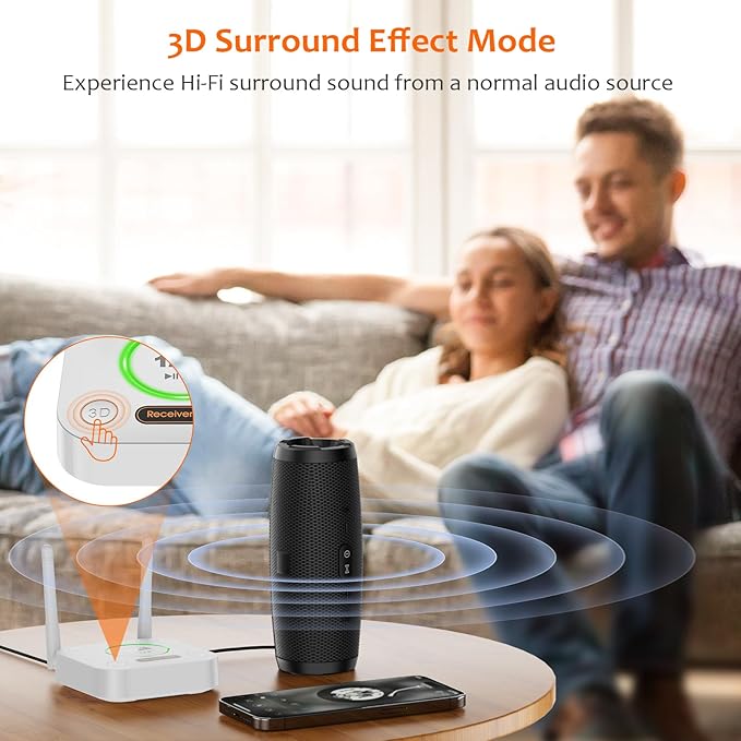 1Mii Bluetooth 5.2 Audio Receiver, Long Range HiFi Bluetooth Adapter w/ 3D