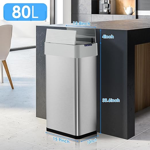 Arlopu 21.1 Gal Automatic Trash Can, 80L Stainless Steel Motion Sensor Garbage