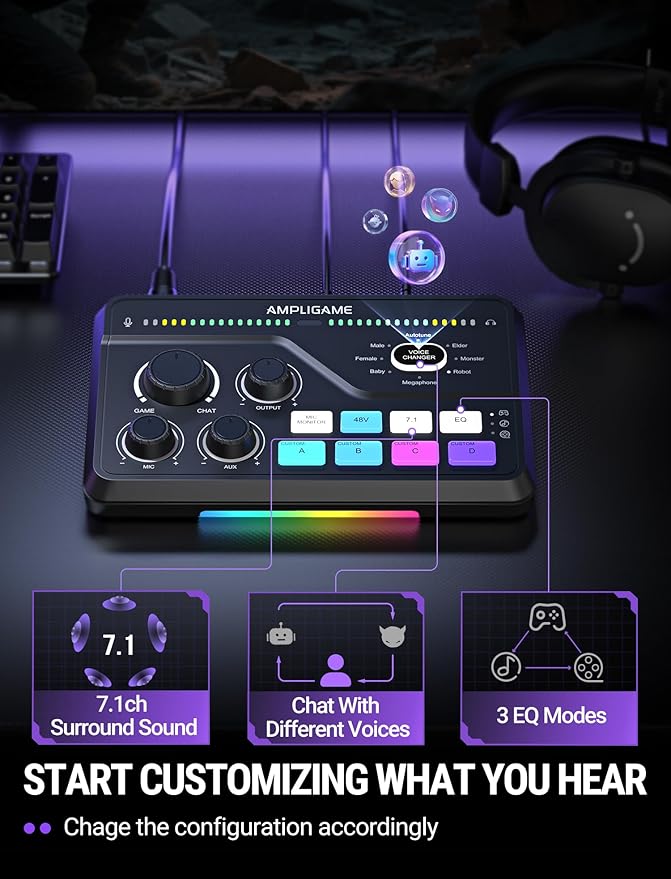 Fifine Gaming Mixer for Voice Chat and Streaming- 7.1ch Surround Sound