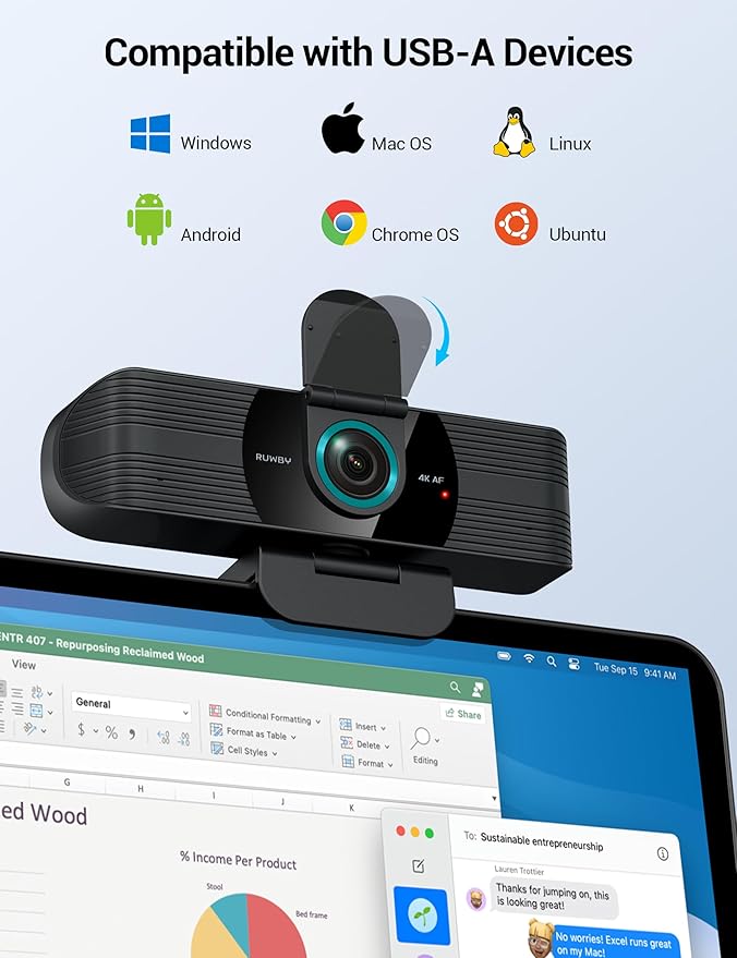 RUWBY UHD 4K Webcam with Built-in Dual Mics, Wide-Angle Lens, Privacy Cover