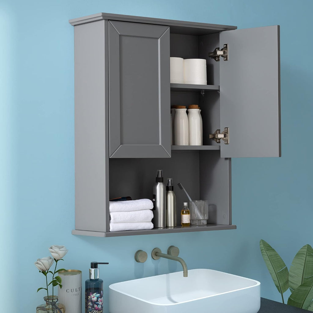 Grey Cabinet Wall Mounted with 2 Doors, Wooden Medicine Cabinet with Adjustable