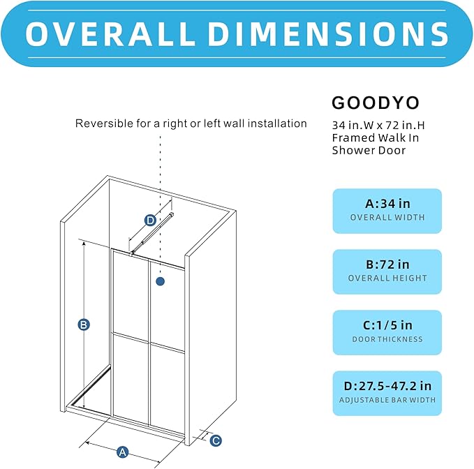 Goodyo 34"- 46" x 72" Glass Shower Door Clear Tempered Glass Panel Fixed Shower