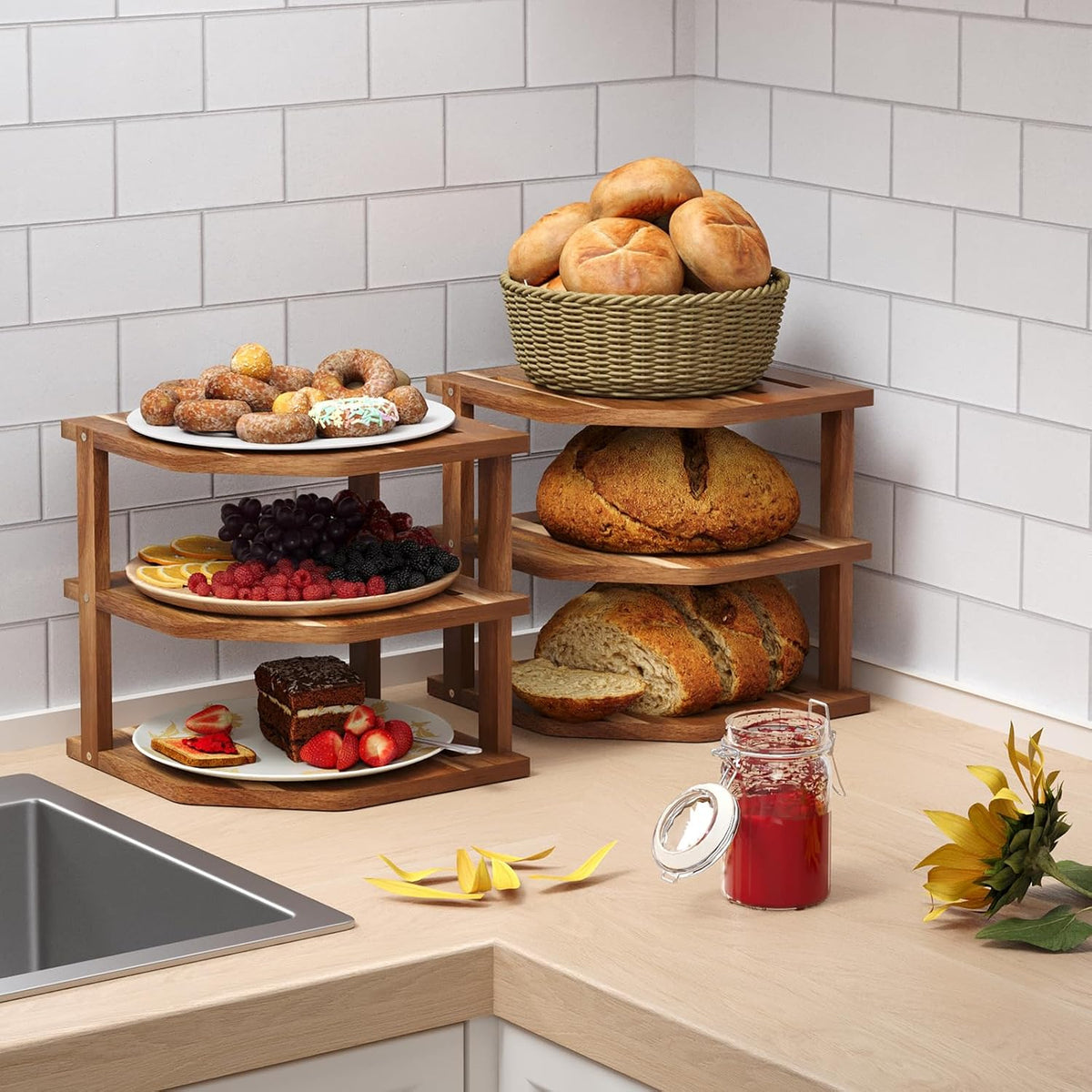 vertorgan 3 tier acacia corner shelf 2 pack,dish, package contents