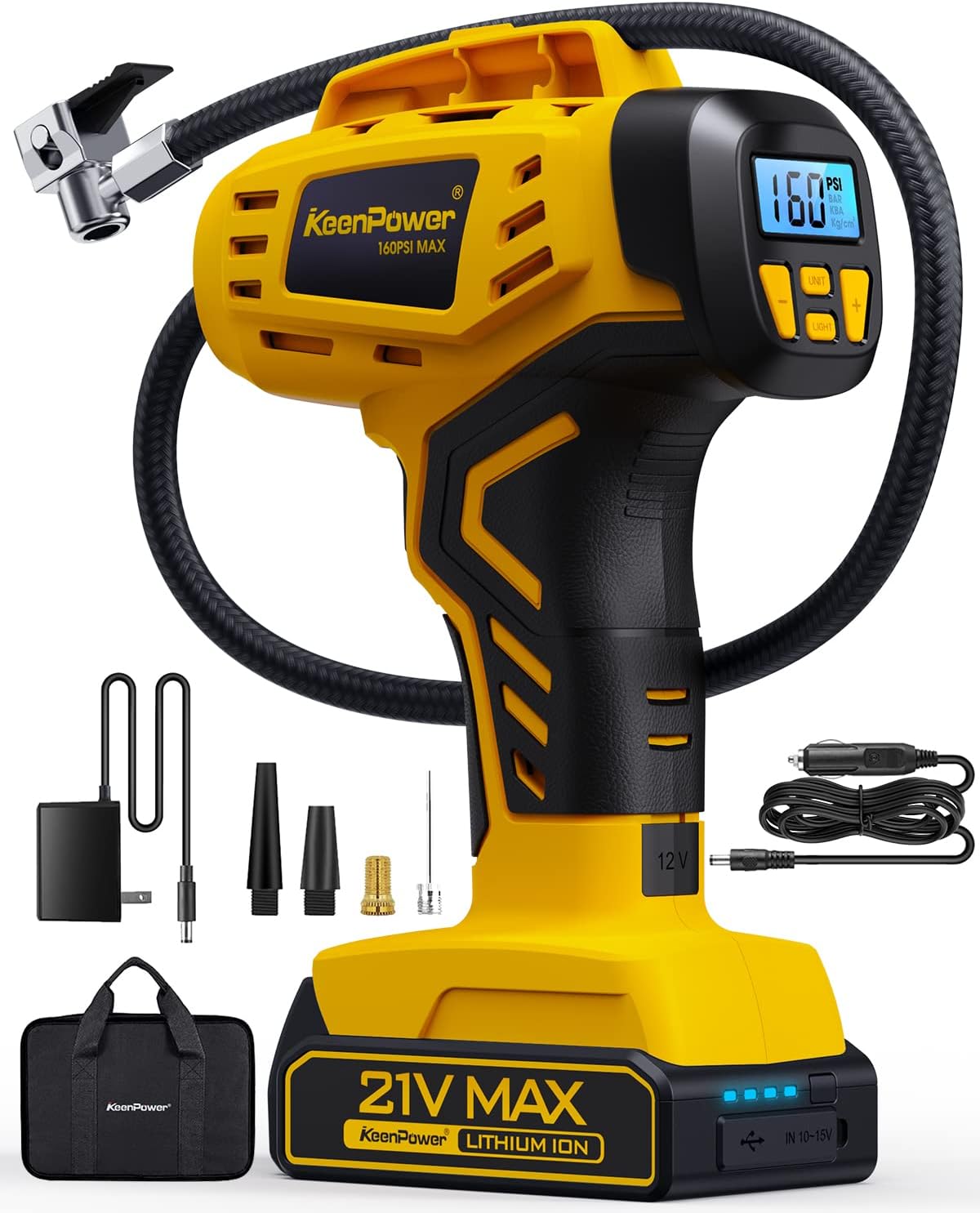 KeenPower Tire Inflator Portable Air Compressor 21V Battery Powered 160PSI