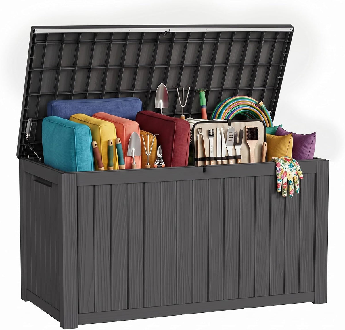 260 Gallon Large Resin Deck Box, Heavy Duty Outdoor Storage Box with Hydraulic Rods, Lockable & Waterproof Patio Box, Easy Assembly Extra Bench Seating for Garden, Backyard, Pool Black