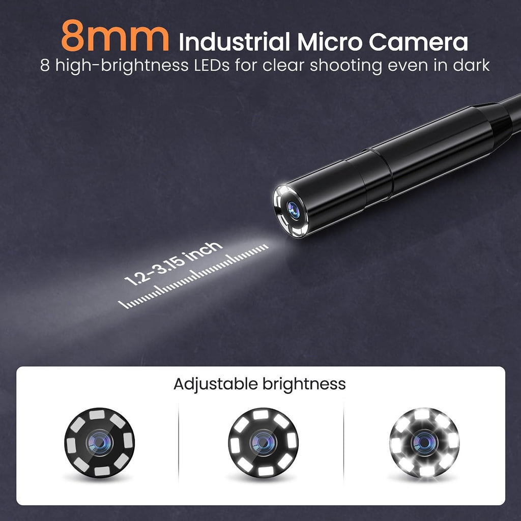 blueswan endoscope camera with light 4.3" ips 1080p showing dimensions