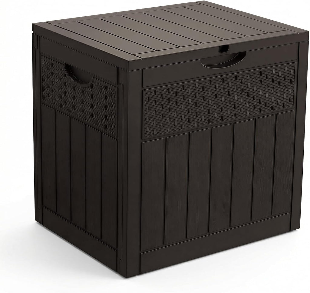 VOUNOT® 126L Outdoor Storage Box with Lid, Lockable Garden Storage Chest, Waterproof Plastic Deck Box for Cushions, Tools & Parcel Delivery, Rattan Effect, Brown