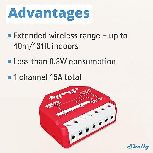 Shelly Wave 1PM US LR UL | Z-Wave Long Range Smart Switch Relay, 1-Channel 15 A