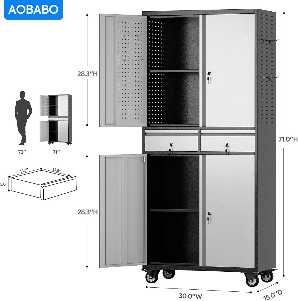 aobabo metal garage cabinet with 2 drawers, wheels, close-up detail