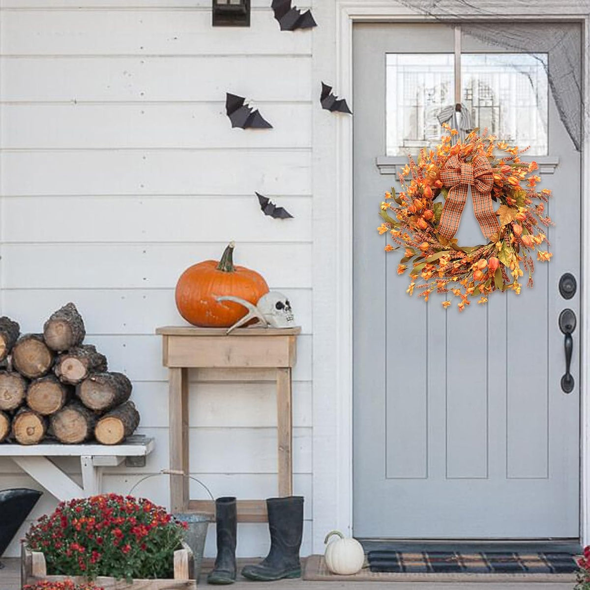 Idyllic 18 Inches Artificial Fall Wreath, Autumn Decoration with Berries & Leaves, Thanksgiving Harvest Front Door Wreath for Home Farmhouse Halloween Thanksgiving Day Festival Celebration Decor
