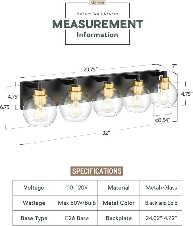 METWET Bathroom Light Fixtures, 5-Light Black and Gold Bathroom Vanity Light