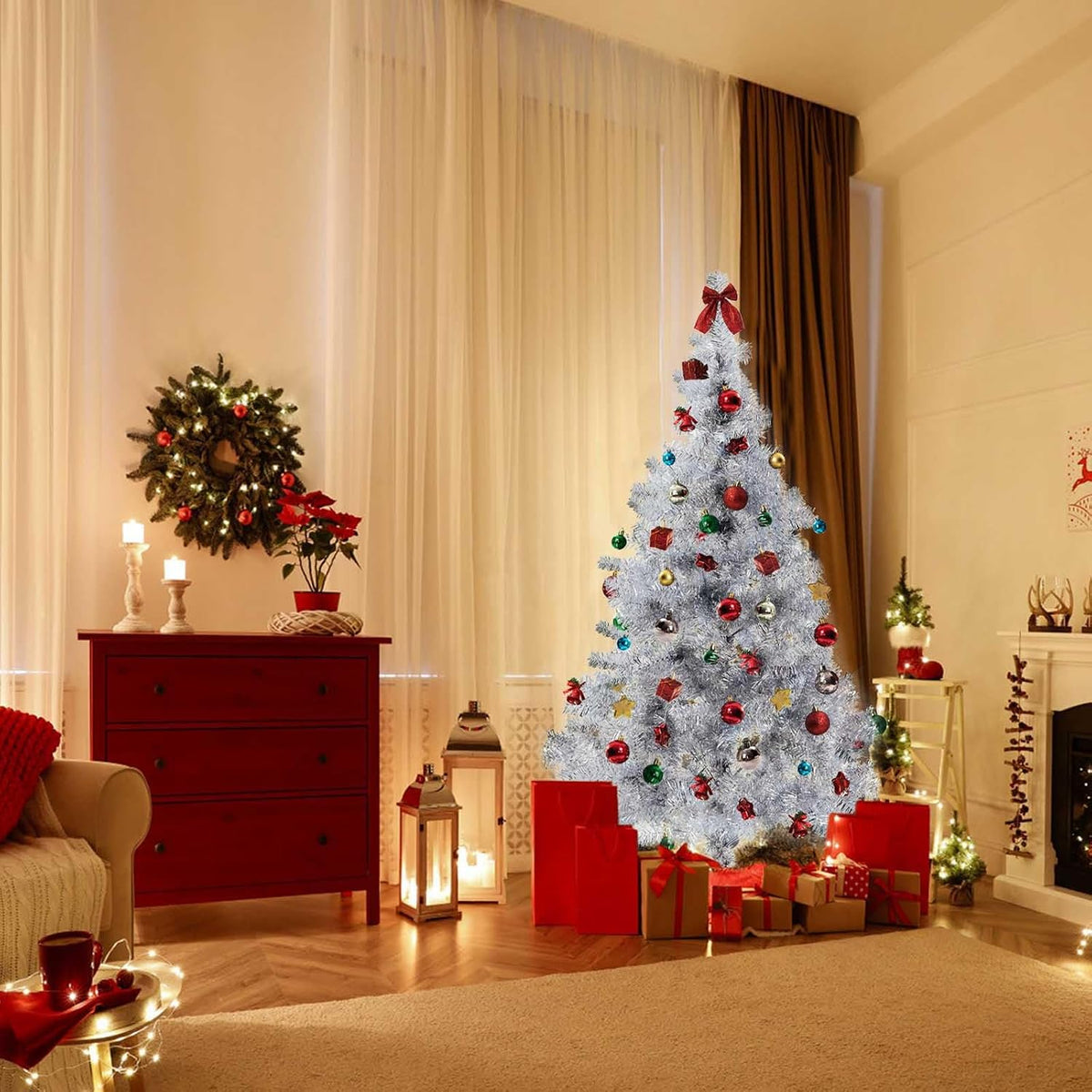 Silver Christmas Tree, 6ft Artificial Tinsel Christmas Tree for Home Decorations，550 Branch Tips Premium Hinged Holiday Xmas Tree for Halloween Decor