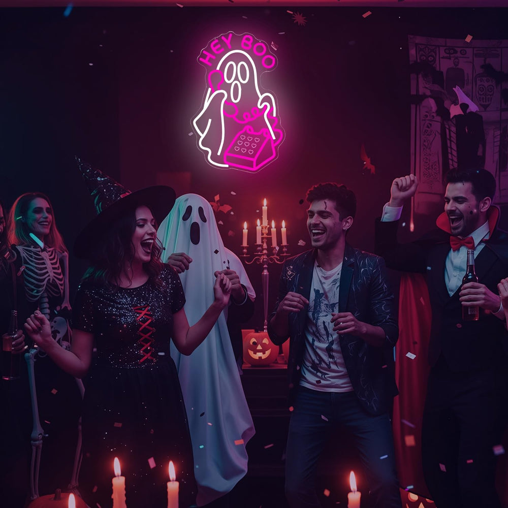 Hey Boo Halloween Neon Sign for Wall Decor Ghost Led Neon Sign Dimmable