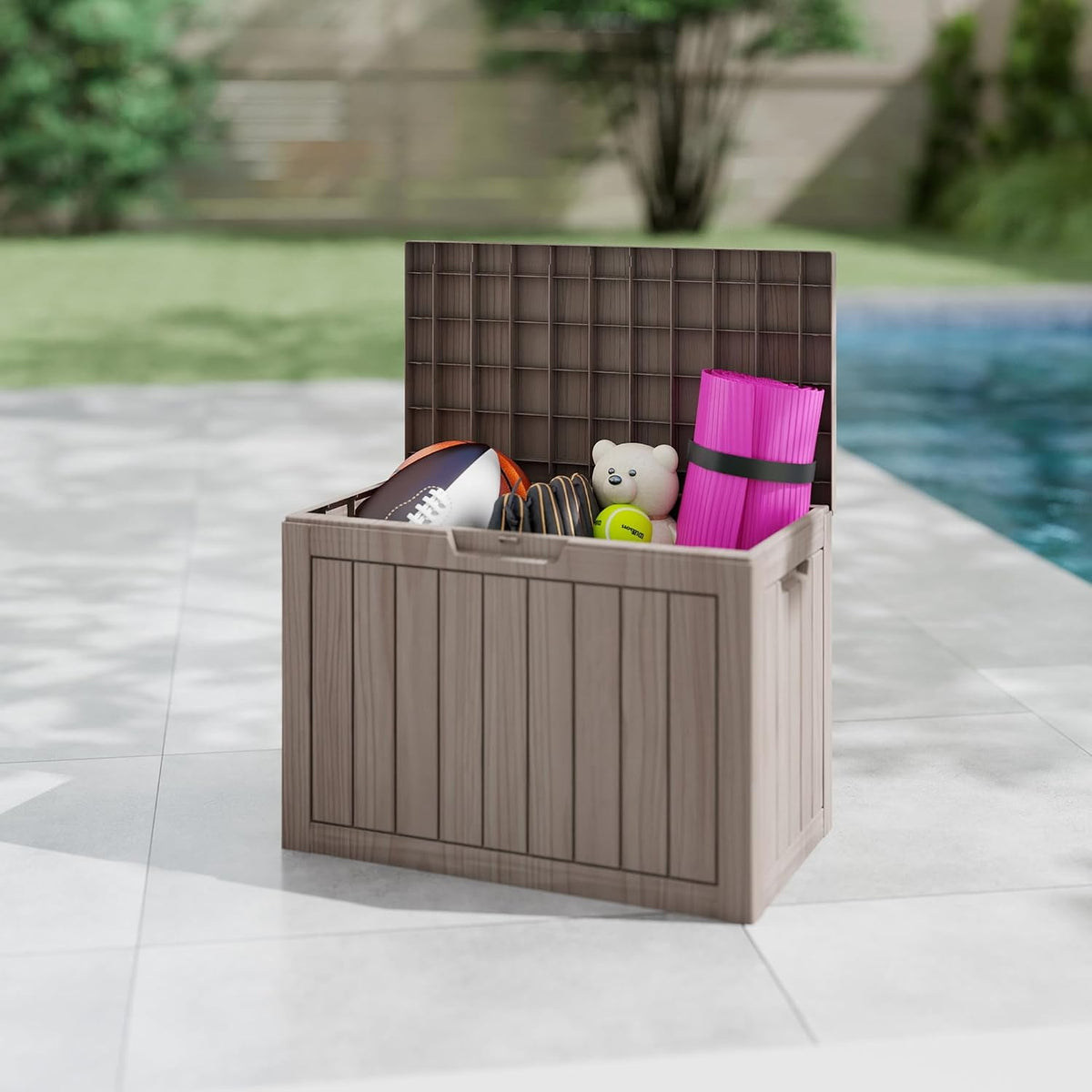 outdoor storage box, 50 gallon waterproof deck box, package contents