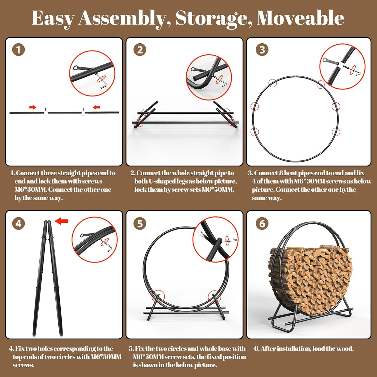 48 in firewood circle rack-metal pipe ring firewood, package contents