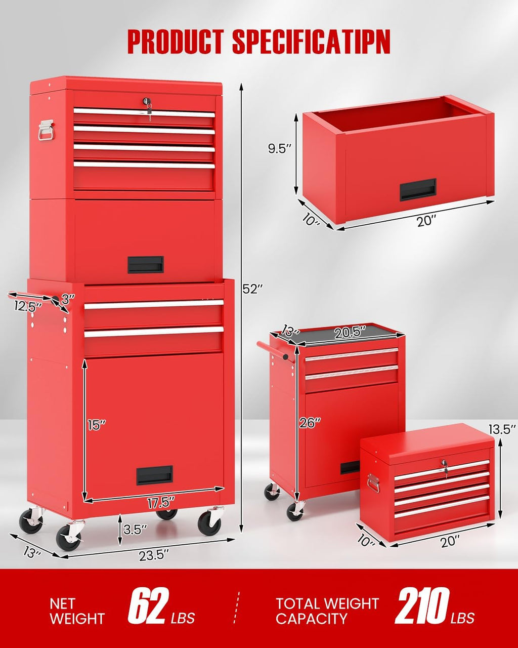 arnot 2-in-1 rolling tool chest with 5 drawers shown in use