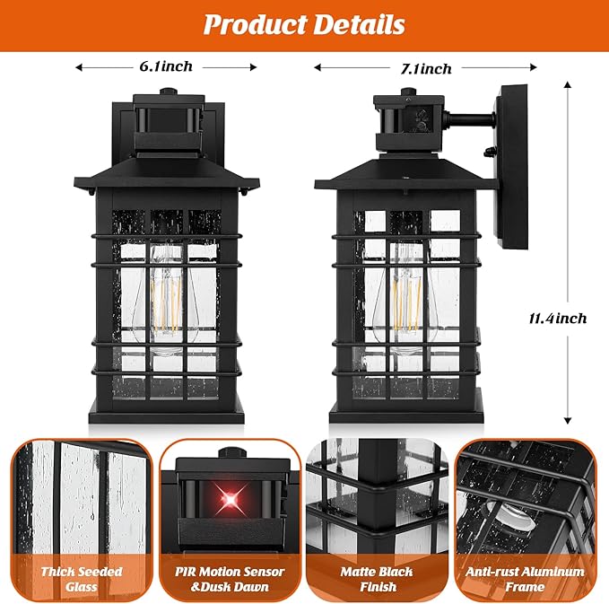 Motion Sensor Outdoor Wall Light Black, Dusk to Dawn Outside Porch Light