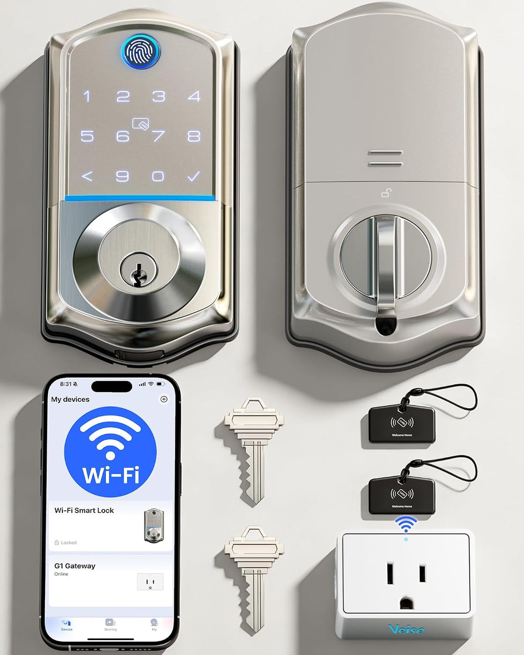 Veise VE017G WiFi Smart Keyless Entry Lock for Front Door, Satin Nickel