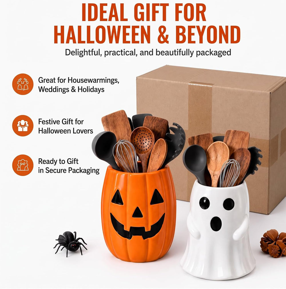 2 Pcs Halloween Ghost Pumpkin Utensil Holder Halloween Kitchen Decoration