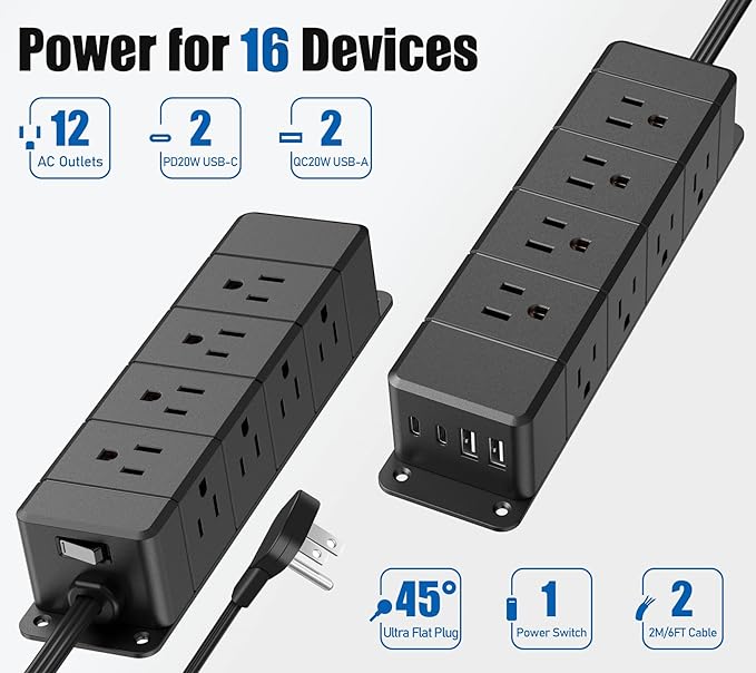 40W Fast Charging Under Desk Power Strip, 12 Outlet Mountable Power Strip
