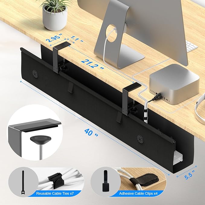 KIGJU Under Desk Cable Management Tray, 40-inch No-Drill Cord Organizer