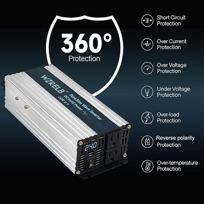 WZRELB 1000W Pure Sine Wave Inverter 24V DC to 110V 120V AC Power Converter