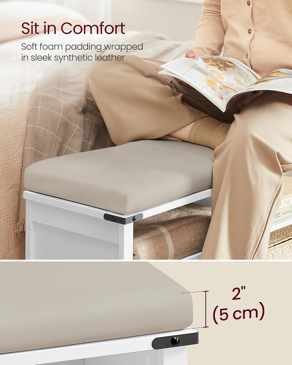 VASAGLE Shoe Storage Bench with Removable Cushion, Adjustable Shelves