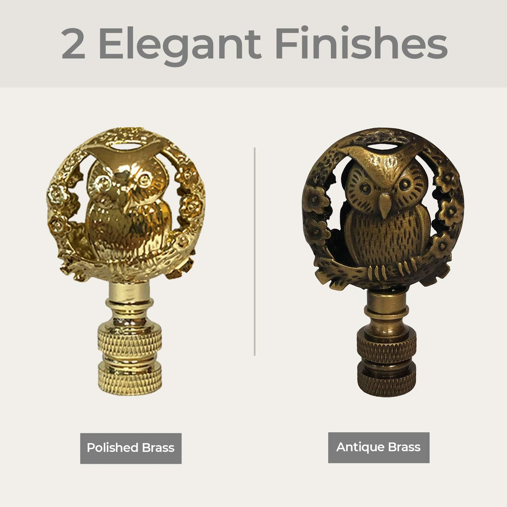 Royal Designs Decorative Botanical Owl Lamp Finial for Lamp Shade, Antique Brass - Pack of 2