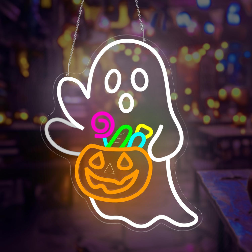 Waving Ghost Pumpkin Candy Basket Halloween Neon Sign Dimmable LED Decor