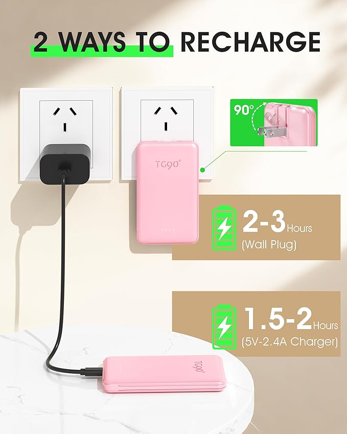 TG90° 2 Pack 5000mAh Portable Charger, Mini Power Bank Built-in Foldable AC