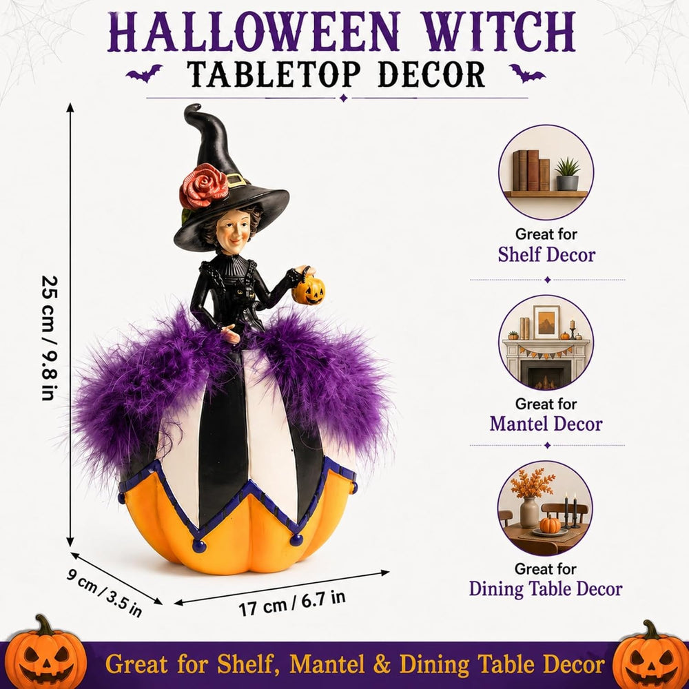 Halloween Witch Figurine, Black and White Pumpkin Table Home Decor