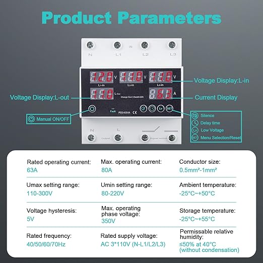 Automatic Transfer Switch, 110V 63A Auto Transfer Switch Real-time Monitoring