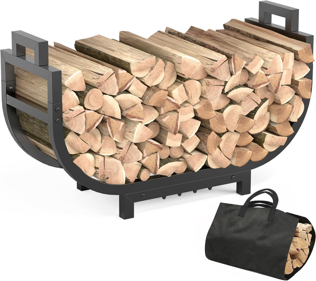 30 Inch Firewood Rack Outdoor Indoor with Handle and Log Carrier Bag, Stable Metal Wood Rack Heavy Duty Log Holder for Fireplace Patio Deck, Rustproof Firewood Storage Organizer Tool, Black