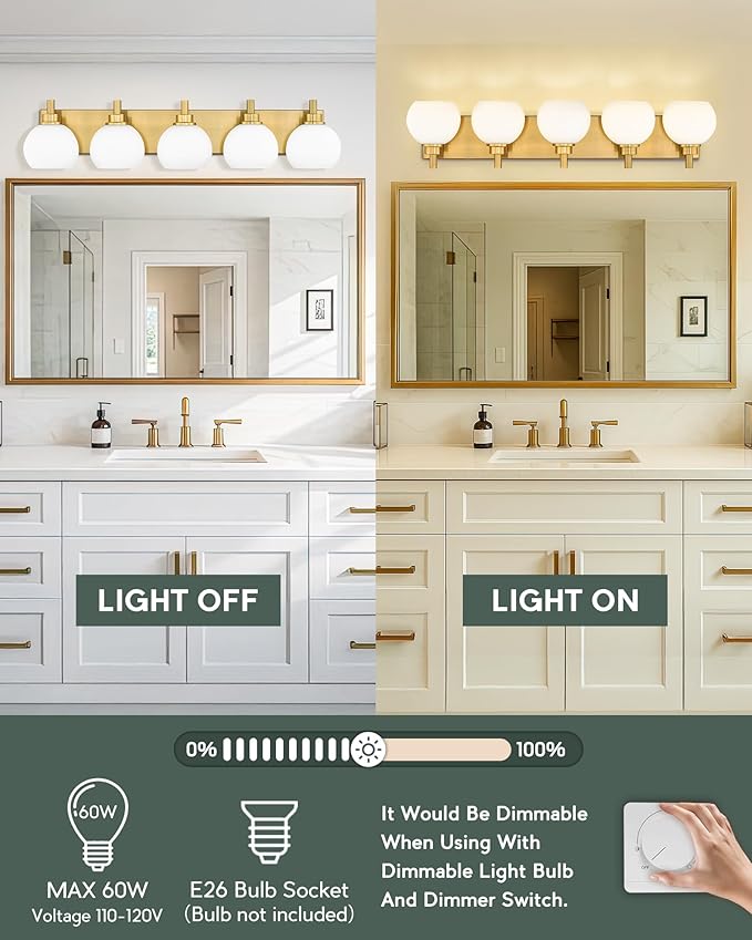 METWET Bathroom Light Fixtures, 5-Light Brushed Gold Bathroom Vanity Lights