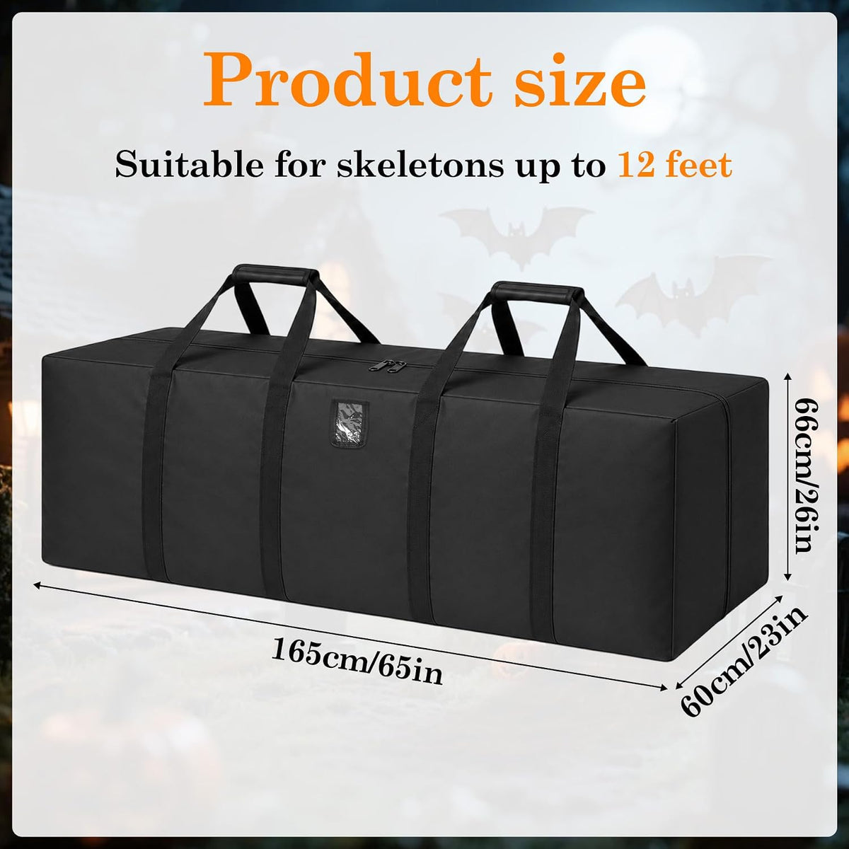 Klmnop 12ft Skeleton Storage Bag, Heavy Duty 600D Oxford Large Halloween Christmas Storage Bag with Zipper, Padded Handles & Label Pocket for 12 Foot Skeleton, Artificial Trees Holiday Decor(Black)