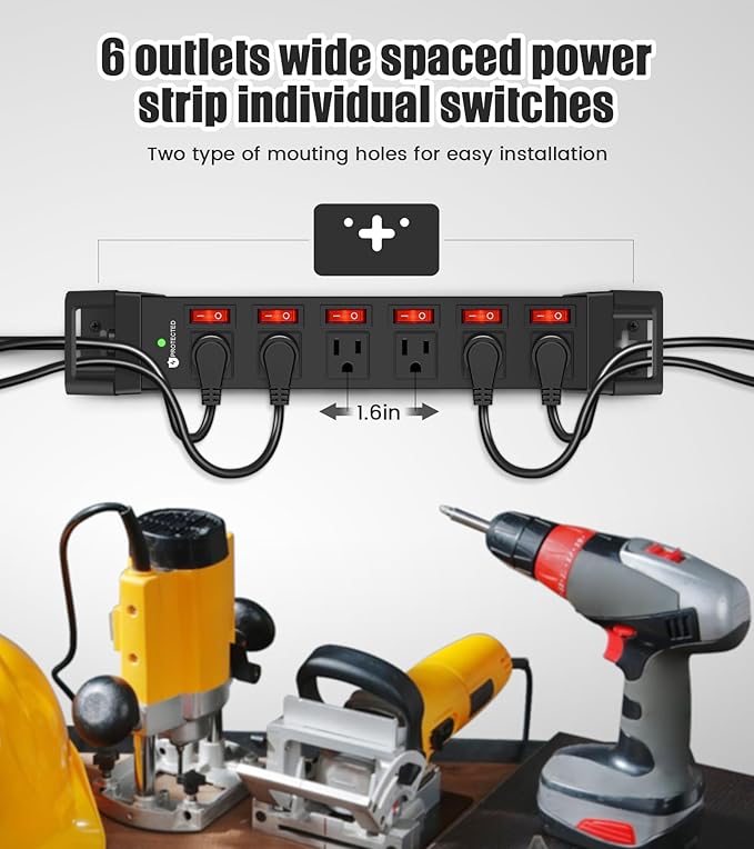 Heavy Duty Power Strip, 6 Outlets Metal Power Strip