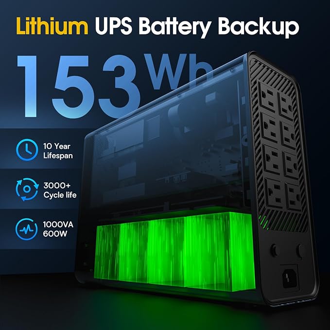 GOLDENMATE 1000VA/600W Lithium UPS Battery Backup and Surge Protector, Sinewave