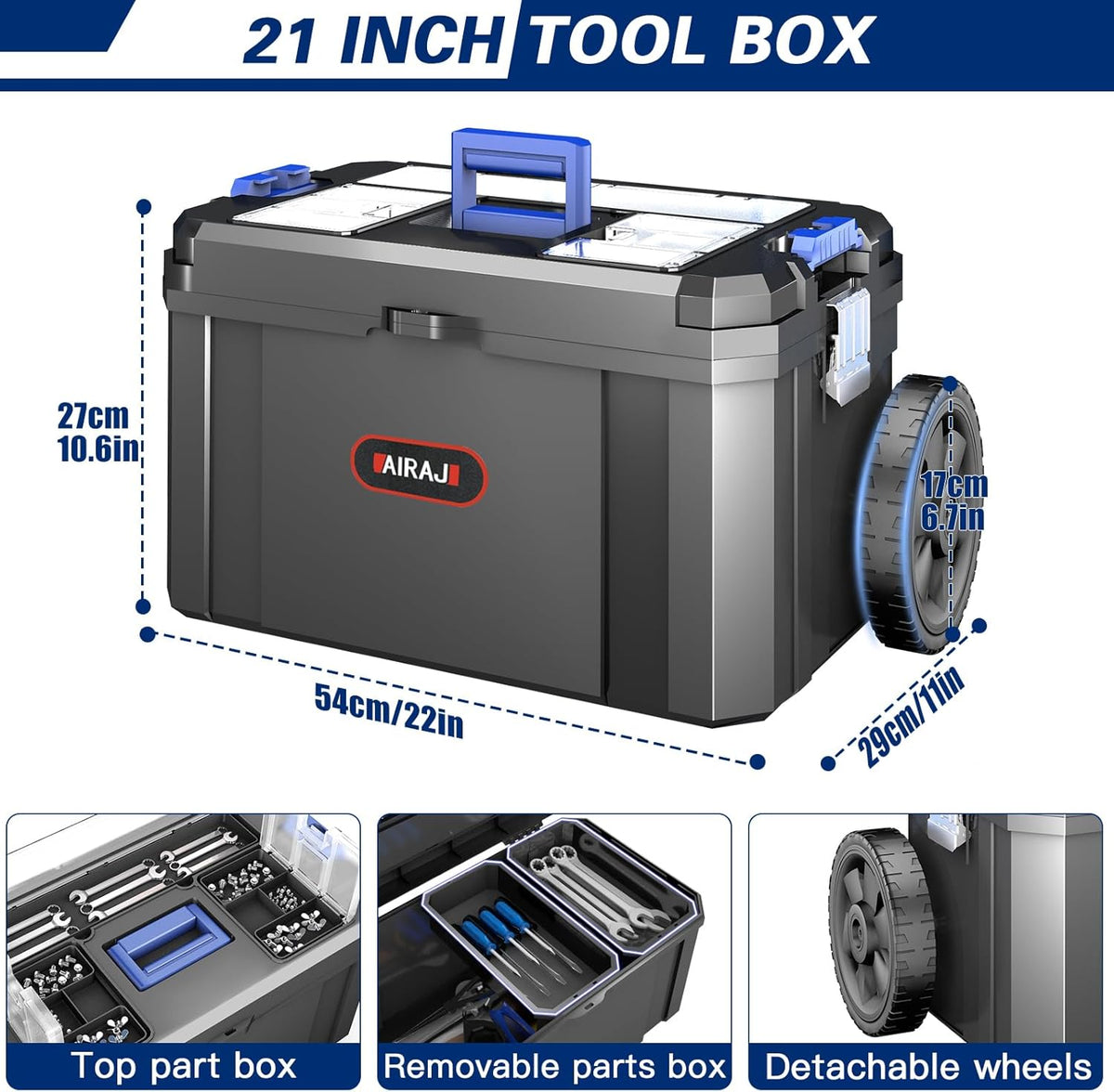 AIRAJ 3 In 1 Rolling Tool Box with Wheels, Stackable Tool Box,17 +19 +21 In