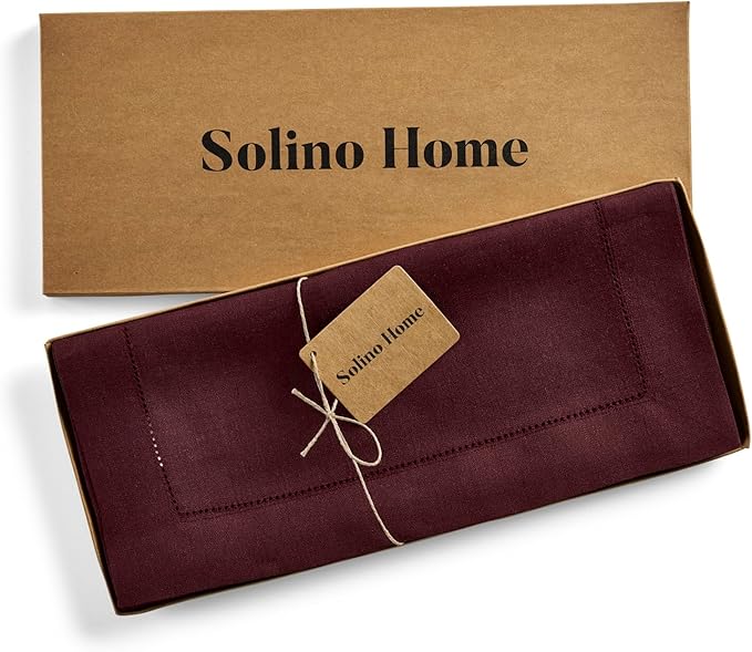 Solino Home Linen Burgundy Table Runner 72 Inches Long - 100% Pure Linen Hemstitch Table Runner 14 x 72 Inch for Dresser, Dining, Fall, Autumn, Halloween, Thanksgiving, Christmas - Classic Hemstitch